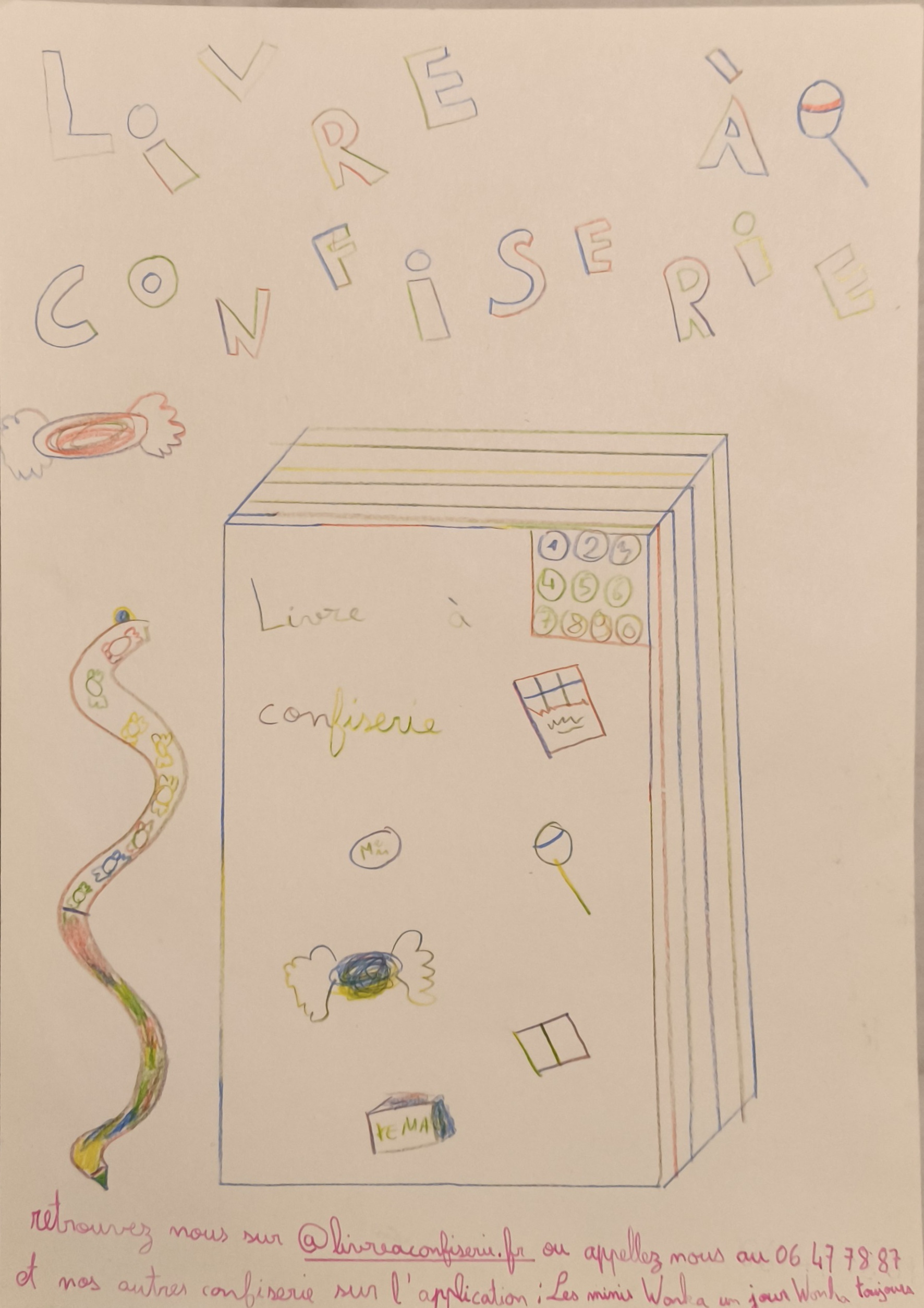 Le design du Livre a Confiserie - un carnet interactif avec des confiseries, des jeux et un serpent colore
